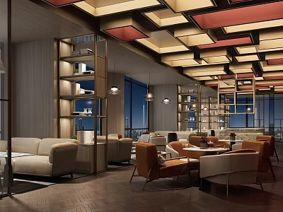 Modern Café Interior With Red Beige Ceiling Panels Wooden Shelves Comfortable Seating And Night View 3d model