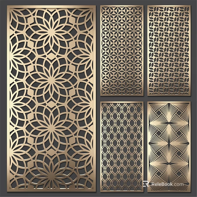 Intricate Laser Cut Metal Wall Decor With Gold Floral And Geometric Patterns 3d model 