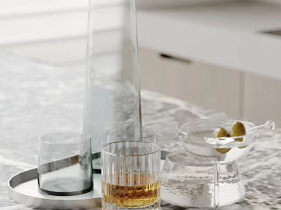 Elegant Drink Setup On Marble Counter With Silver Tray Glass Carafe And Cocktail Glasses 3d model