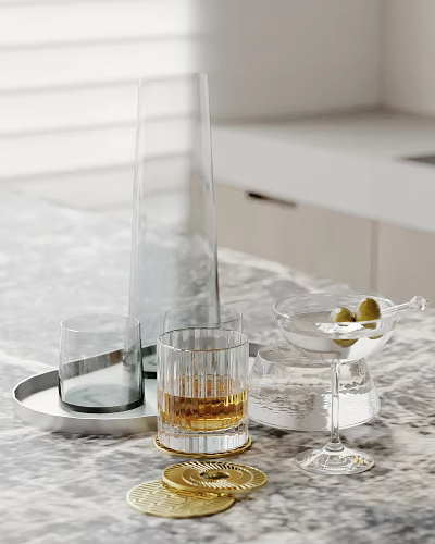 Elegant Drink Setup On Marble Counter With Silver Tray Glass Carafe And Cocktail Glasses 3d model