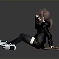 Anime Style Woman In Pink Hoodie With Cat Ears Tail Sitting On Black Floor