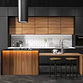Modern Kitchen Interior With Gray And Wooden Cabinets Island Counter And Bar Stools
