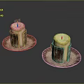 Two Burning Candles With Melted Wax On Elegant Decorative Trays
