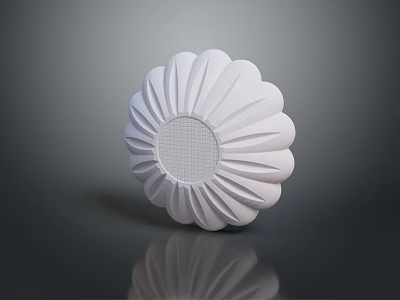 White Flower Shaped Sculpture with Radial Texture and Grid Pattern Center on Dark Reflective Surface 3d model