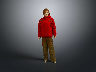 Woman in Red Jacket and Brown Pants Full Length Against Gray Background 3d model