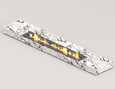 Modern Long Marble Fireplace Design With Burning Flames And Textured Surface 3d model
