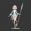 Anime Style Fantasy Character With Pink Hair Green Blue Decorative Outfit And Spear