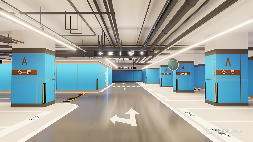 Modern Parking Garage With Blue Pillars White Flooring Directional Arrows And Ceiling Lighting 3d model 