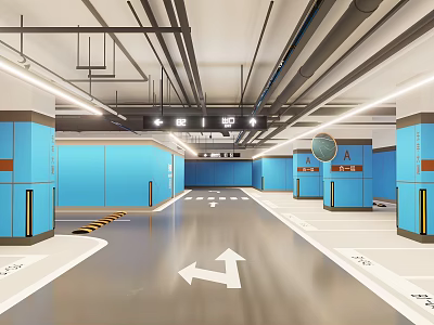 Modern Parking Garage With Blue Pillars White Flooring Directional Arrows And Ceiling Lighting 3d model