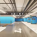 Modern Parking Garage With Blue Pillars White Flooring Directional Arrows And Ceiling Lighting