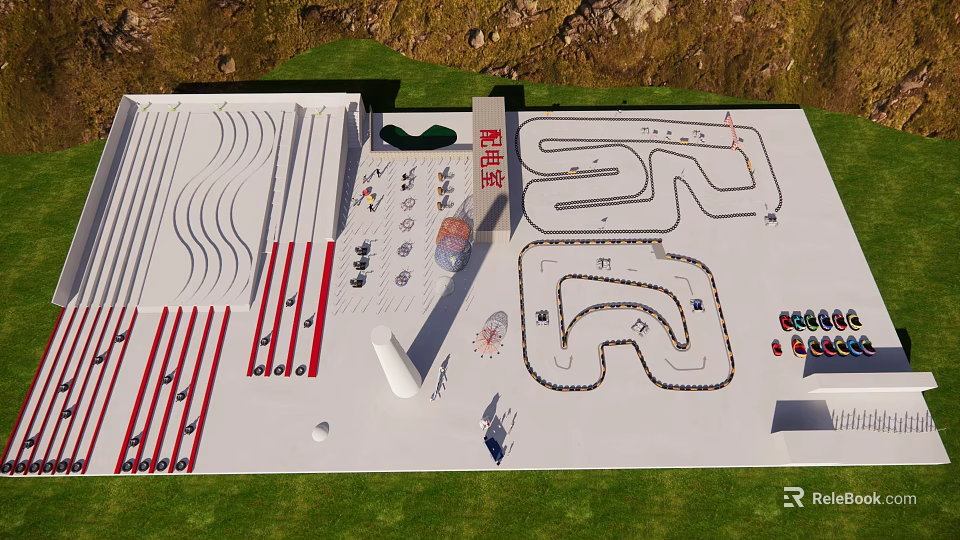 Park Landscape Design with Winding Tracks Fitness Equipment Rest Areas and Green Lawns 3d model 