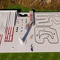 Park Landscape Design with Winding Tracks Fitness Equipment Rest Areas and Green Lawns