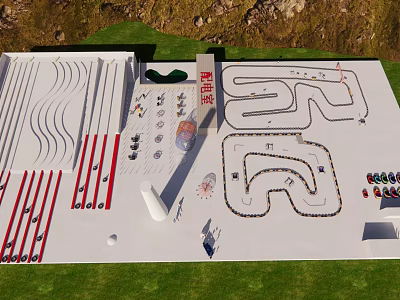 Park Landscape Design with Winding Tracks Fitness Equipment Rest Areas and Green Lawns 3d model