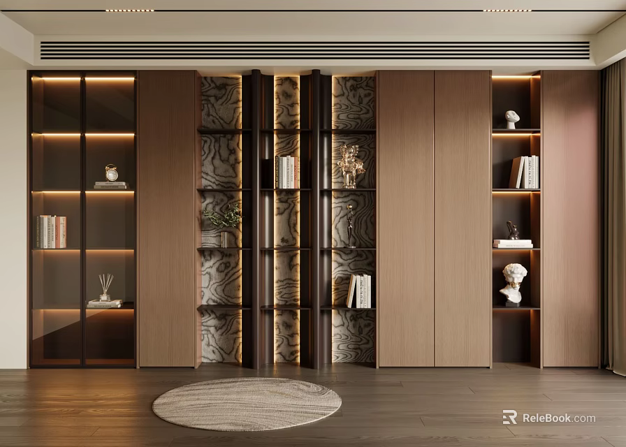Modern Bookcase Interior Design With Glass Shelves LED Lighting And Decorative Items 3d model 