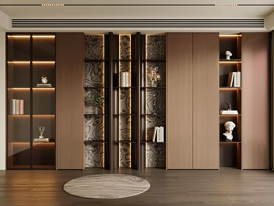 Modern Bookcase Interior Design With Glass Shelves LED Lighting And Decorative Items 3d model