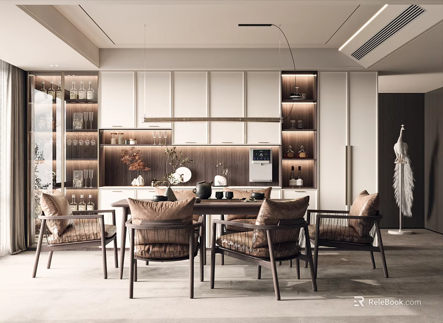 Modern Restaurant Interior With Dining Table Chairs Cabinets And Pendant Lights 3d model 