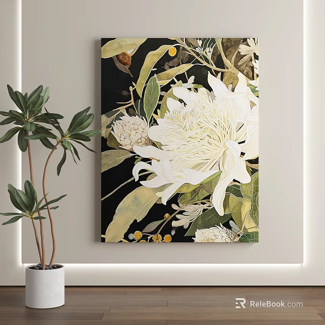 Abstract Painting With White Flowers Green Leaves And Dark Background 3d model 