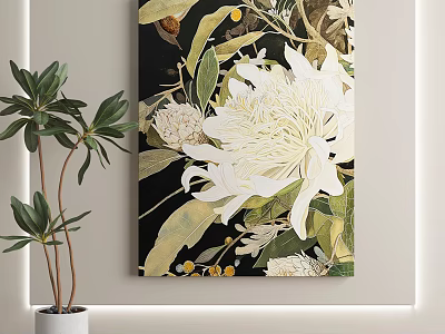 Abstract Painting With White Flowers Green Leaves And Dark Background 3d model