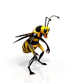 Realistic 3D Model Bee With Yellow Black Stripes In Aggressive Stance On White Background