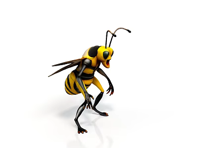 Realistic 3D Model Bee With Yellow Black Stripes In Aggressive Stance On White Background 3d model