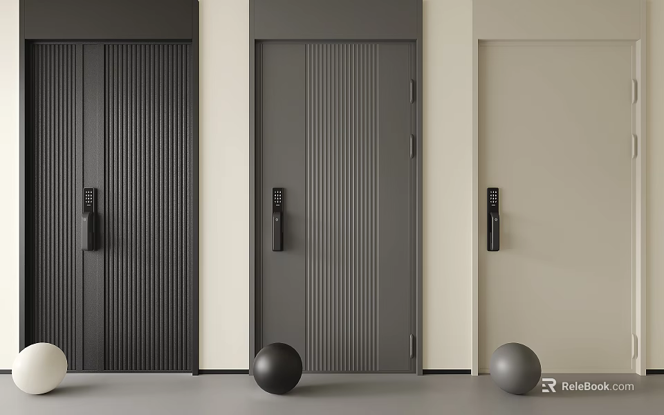 Modern Security Doors With Vertical Ribbed Design And Black Handles In Black Grey Beige 3d model 