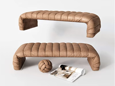 Modern Brown Upholstered Ottoman With Striped Design Woven Ball And Magazine 3d model