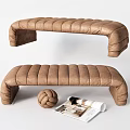 Modern Brown Upholstered Ottoman With Striped Design Woven Ball And Magazine