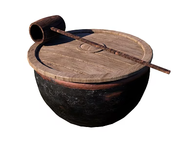 Rustic Terracotta Garden Ornament Pot With Wooden Lid And Handled Tool 3d model