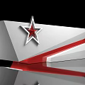 Stylish Front Desk Reception Design With Silver Red Geometric Shapes Star Accent And Reflective Surface