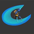Glowing Blue Crescent Scene With Blue And Yellow Cartoon Character Standing