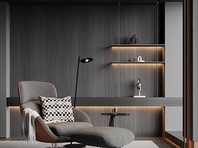 Gray Toned Single Seater Sofa with Ottoman Floor Lamp and Wooden Texture Wall Decorative Shelves 3d model
