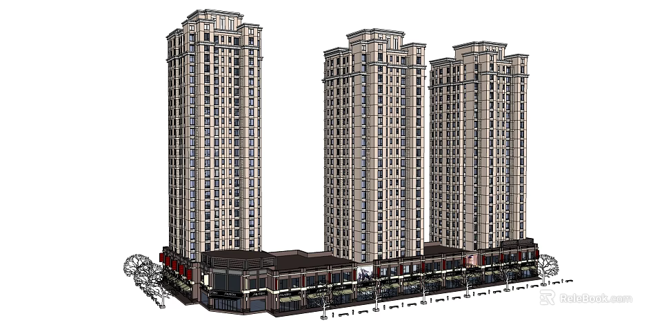 Modern High Rise Residential Tower Complex With Commercial Podium Base Design 3d model 