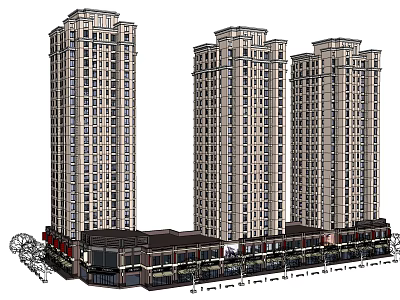 Modern High Rise Residential Tower Complex With Commercial Podium Base Design 3d model