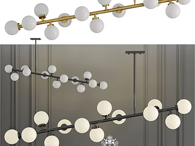 Modern Linear Chandelier With White Globe Lights And Metal Frame Design 3d model