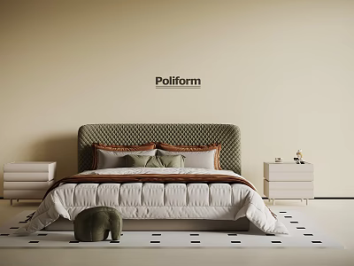 Poliform Bedroom Design With Upholstered Headboard Bedside Nightstand And Area Rug 3d model