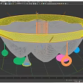 Colorful Circular Net Playground Structure With Central Cylinder Hanging Rings And Striped Floor