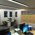 Modern Office Interior With Work Desks Computers File Cabinets And Bulletin Board 3d model