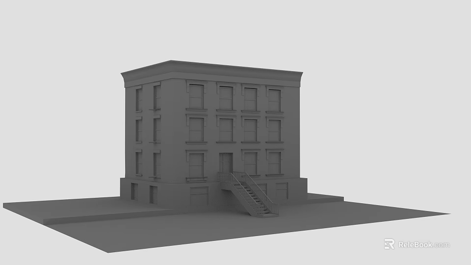 Gray Multi Story Residential Building Model With Windows And Staircase Exterior 3d model 