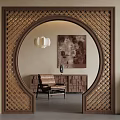 Chinese Wooden Archway With Intricate Carved Patterns Framing Elegant Interior With Armchair And Painting