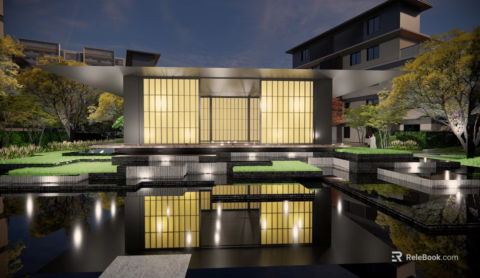 Modern Residential Landscape Design With Water Reflection Lighting Courtyard And Greenery 3d model 