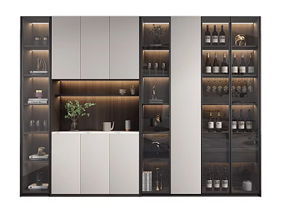 Modern Wine Cabinet Design With Glass Doors Built in Lighting Wine Bottles And Glasses 3d model