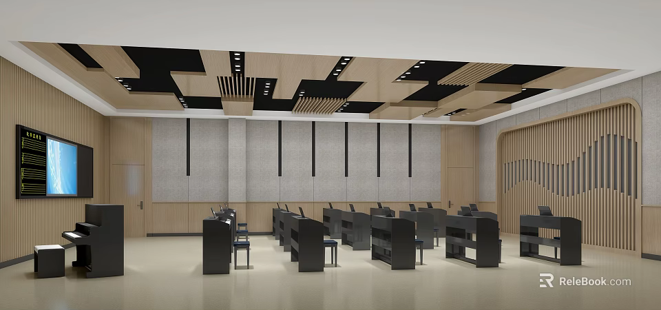 Modern Music Classroom Interior With Wooden Ceiling Black Structures And Tables 3d model 