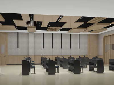 Modern Music Classroom Interior With Wooden Ceiling Black Structures And Tables 3d model