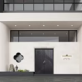 Modern Sales Office Exterior With White Facade Black Door And Glass Windows