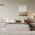 Double Bed with White Upholstered Headboard in Modern Minimalist Bedroom with Nightstands and Pendant Lights