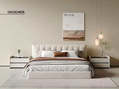 Double Bed with White Upholstered Headboard in Modern Minimalist Bedroom with Nightstands and Pendant Lights 3d model