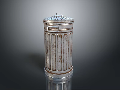 Rustic Metal Trash Can With Striped Design Lid And Cylindrical Reflective Base 3d model