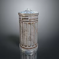 Rustic Metal Trash Can With Striped Design Lid And Cylindrical Reflective Base 3d model