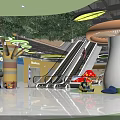 Vibrant Shopping Mall Lobby Featuring Escalators Children's Play Zone Green Decor And Modern Lighting