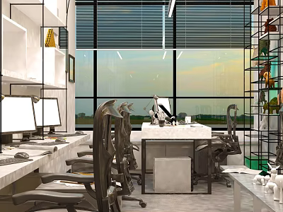 Modern Public Office Space With Large Windows Desks Computers And Ergonomic Chairs 3d model